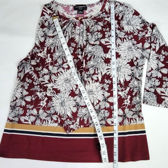 Liz Claiborne Career Petite maroon white black floral tunic top petite large - Picture 5 of 6